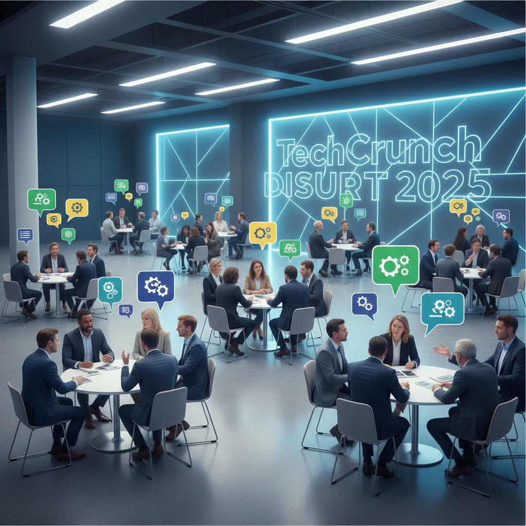 A vibrant infographic showing a diverse group of entrepreneurs and investors engaging in small group discussions at a modern conference, with "TechCrunch Disrupt 2025" subtly integrated into the background. Clean, professional style. No text.