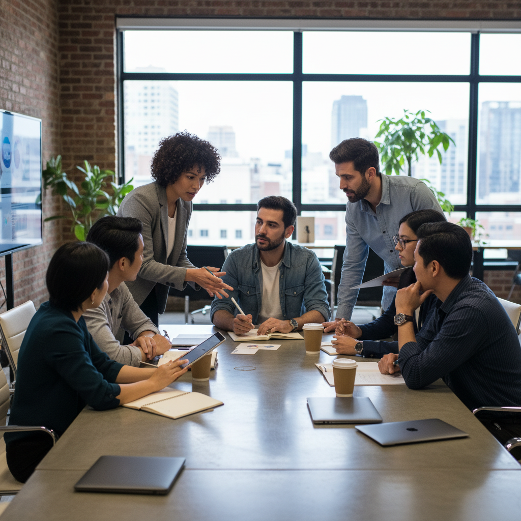 A modern office setting where a diverse group of startup founders and venture capitalists are having an intense but collaborative discussion around a table. Focus on body language showing engagement and problem-solving. Lifestyle photography. No text.