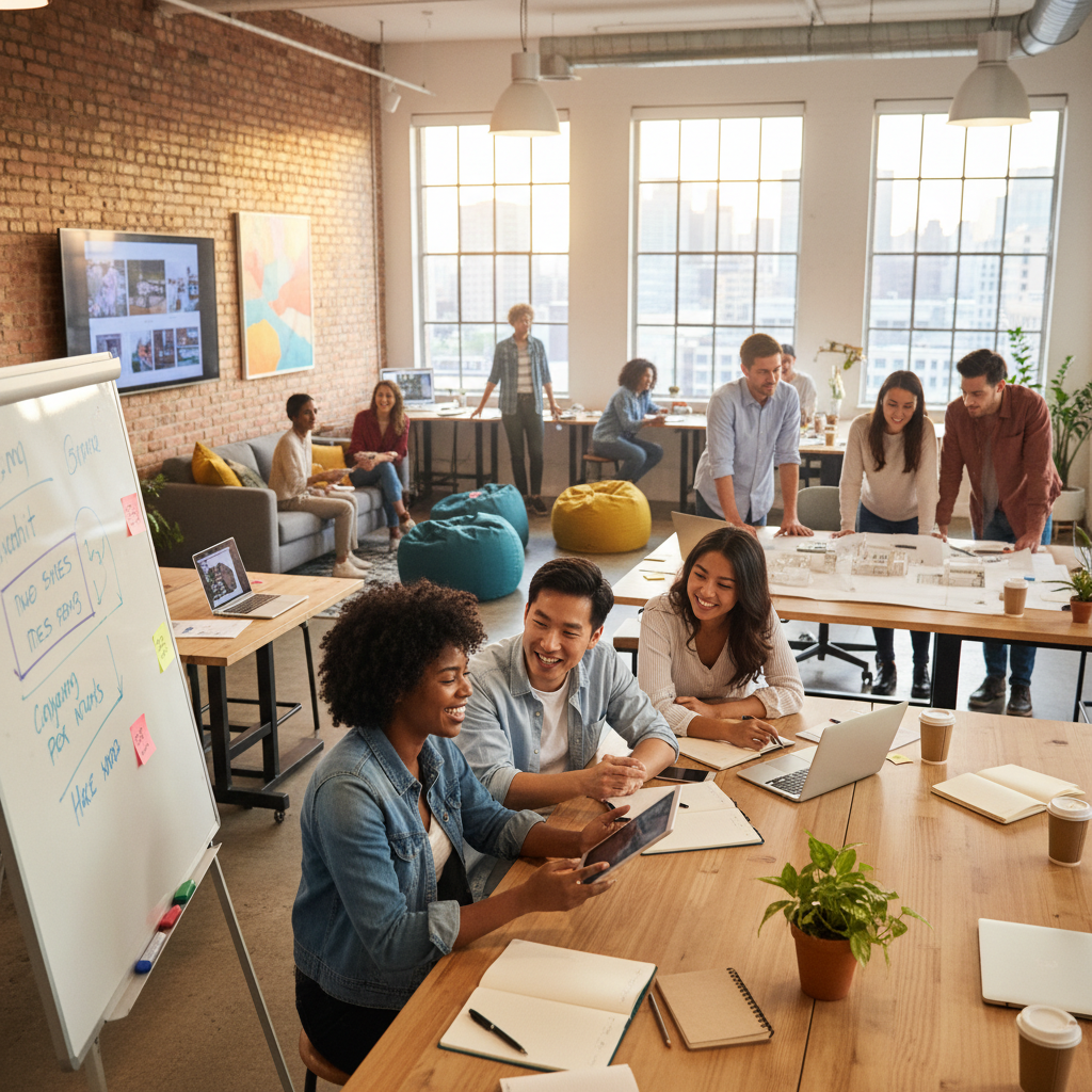 A diverse group of people actively collaborating and networking in a co-working space, illustrating community building and idea sharing. The atmosphere is energetic and innovative. Lifestyle photography. No text.