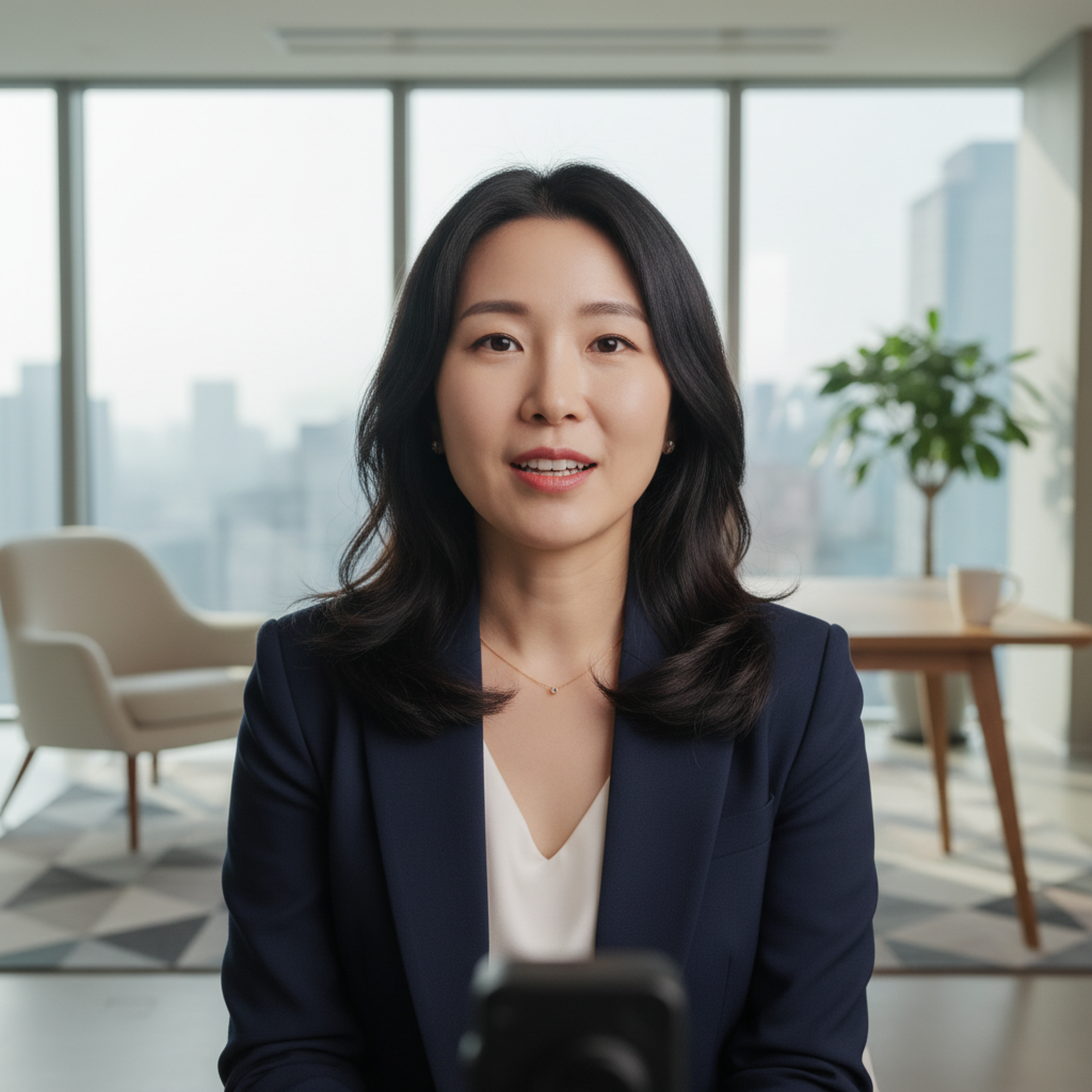 A Korean founder confidently speaking directly into a camera, with a modern, clean background. Lighting is professional, conveying authenticity and engagement. Lifestyle photography. No text.