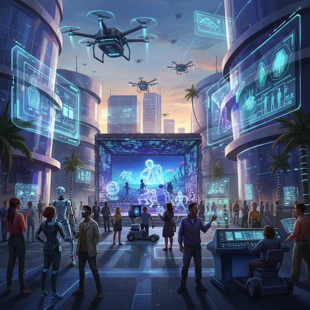 A bustling film studio lot in Hollywood, with futuristic elements suggesting AI integration. Drones fly overhead, digital screens display AI-generated content, and diverse individuals work collaboratively with advanced technology. The atmosphere is vibrant and innovative. Style: cinematic illustration. No text.