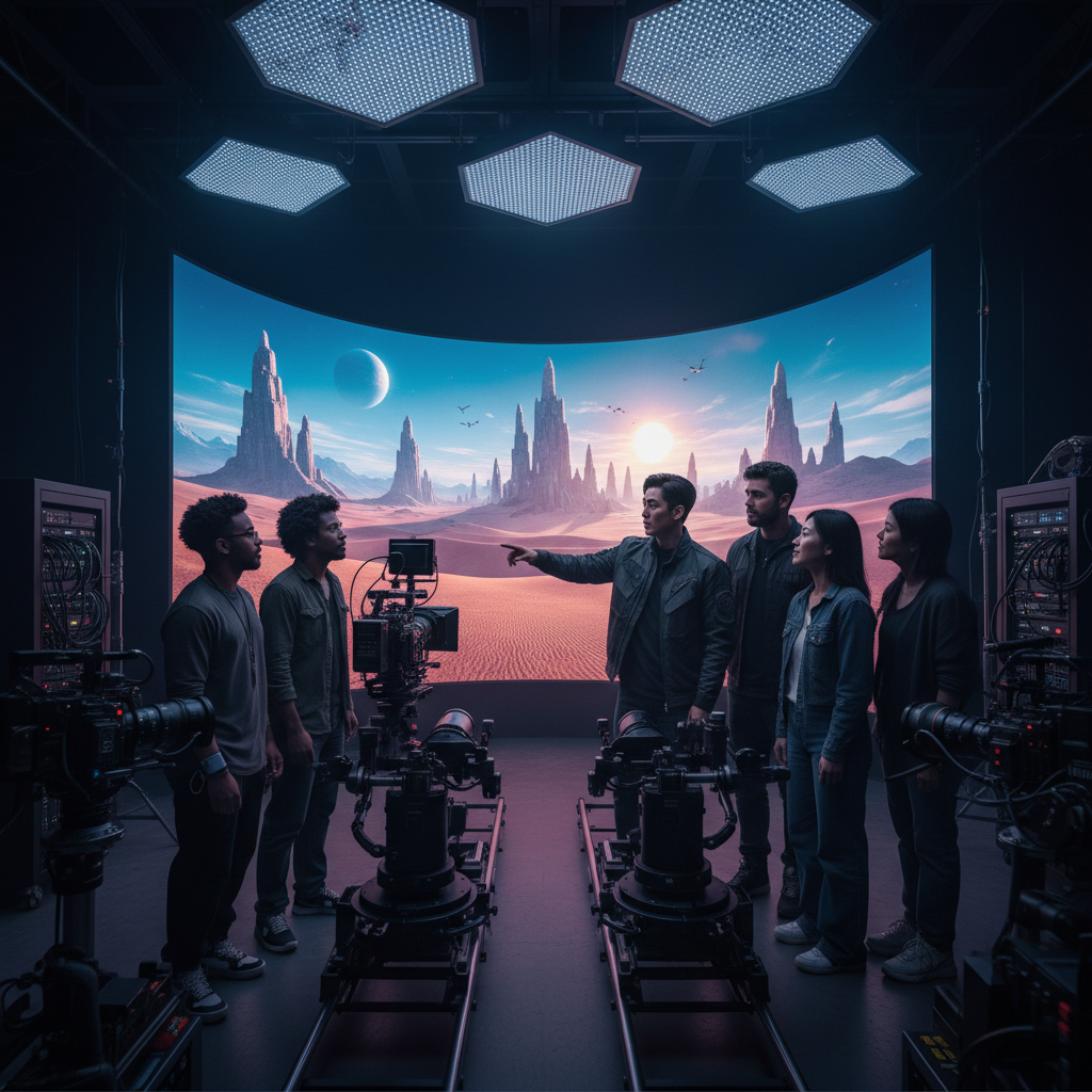 A dynamic scene of a modern music video production using AI. A Korean director and a diverse team are on set, looking at a screen displaying a visually stunning, AI-generated landscape. The atmosphere is high-tech and collaborative, with advanced cameras and lighting. Style: lifestyle photography. No text.