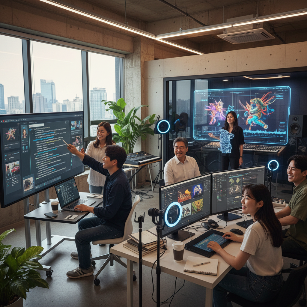A diverse group of Korean creators (screenwriters, illustrators, musicians) collaborating in a modern studio space. They are using various AI tools visible on screens, suggesting a seamless integration of AI into their creative workflow. The atmosphere is vibrant and innovative. Style: lifestyle photography. No text.