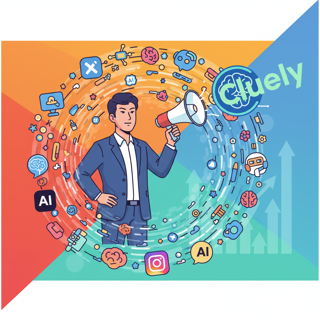 An infographic style illustration showing a young Korean male CEO, Roy Lee, confidently standing amidst a swirling vortex of social media icons and AI-related imagery, representing 'rage-baiting' marketing. He holds a megaphone, directing attention towards a successful AI startup logo (Cluely). The overall atmosphere is dynamic and bold, with elements suggesting controversy leading to growth. Clean infographic, no text.