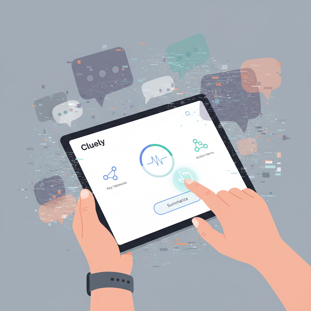 A modern illustration showing a user interacting with Cluely's AI meeting assistant interface on a tablet. In the background, subtle visual elements represent controversy and social media buzz, like fragmented speech bubbles and digital noise, but the main focus is on the clean, efficient AI interface. Style: clean infographic, no text.