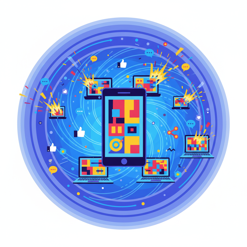 A dynamic illustration depicting a viral social media campaign. Various digital devices (smartphones, laptops) display trending content with bold, attention-grabbing headlines. Reactions like 'likes', 'shares', and 'comments' are exploding around the screens, indicating widespread engagement and controversy. The overall impression is one of rapid and widespread digital communication. Style: clean infographic, no text.