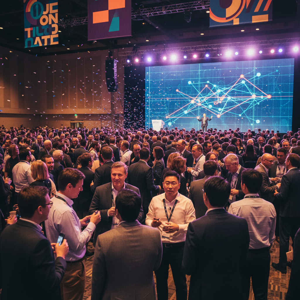 A vibrant and energetic scene of a large tech conference, "TechCrunch Disrupt 2025," with a diverse crowd of founders, investors, and tech leaders engaging in discussions and networking. A brightly lit stage features a speaker (possibly Roy Lee) presenting. The atmosphere is bustling with excitement and innovation. Style: lifestyle photography, no text.