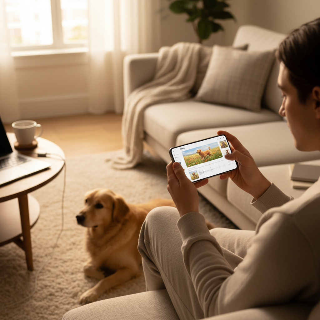 A person using a smartphone to create AI videos of their pet dog using Sora app, cozy home setting with natural lighting, lifestyle photography showing the creative process, modern technology integration, no text