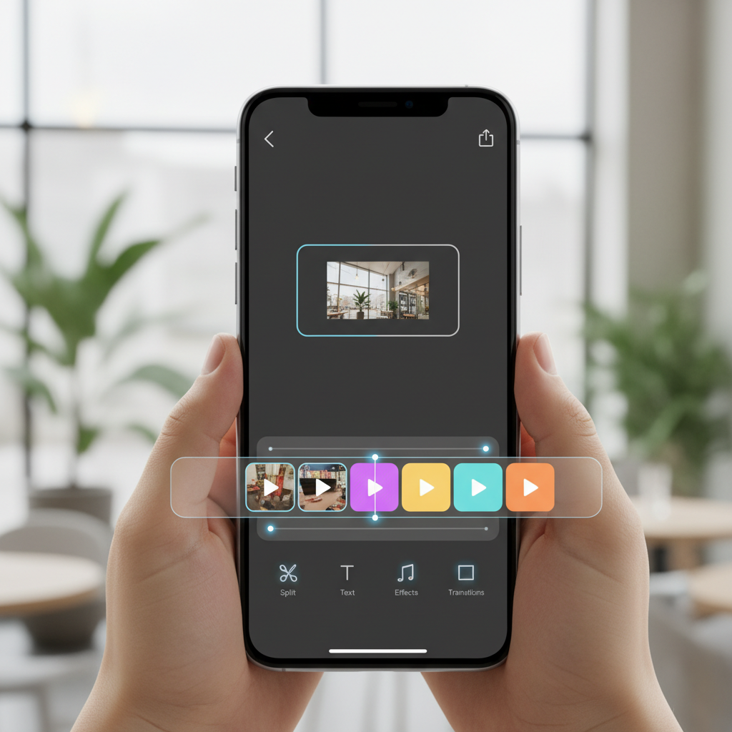 Modern video editing interface on smartphone showing multiple video clips being stitched together, clean timeline view with editing tools, professional app design, bright lighting, no text