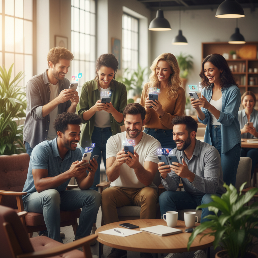 Diverse group of people using smartphones to create and share AI videos, happy expressions, modern social setting with natural lighting, lifestyle photography showing community engagement, no text