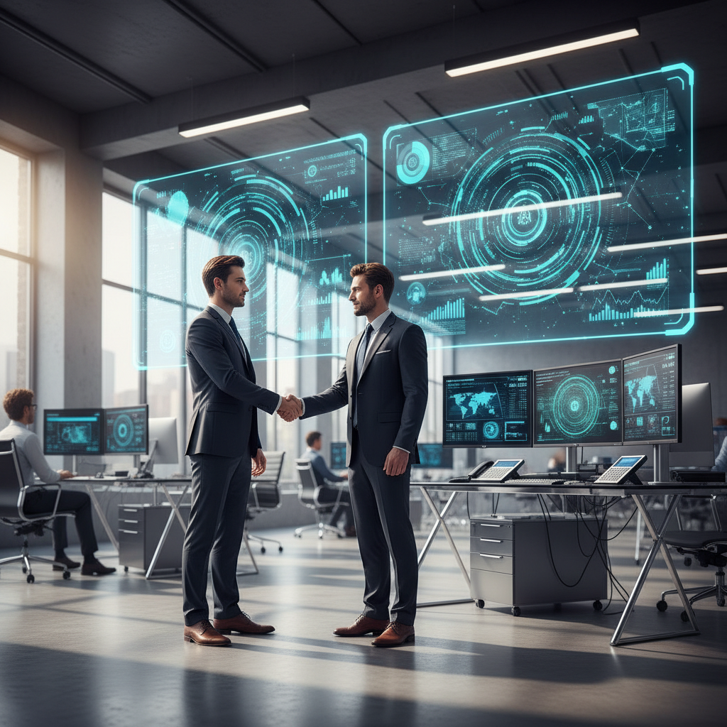 Two corporate executives shaking hands in a modern office setting with digital AI interface displays and telecommunications equipment in the background. Professional business atmosphere with natural lighting, no text.