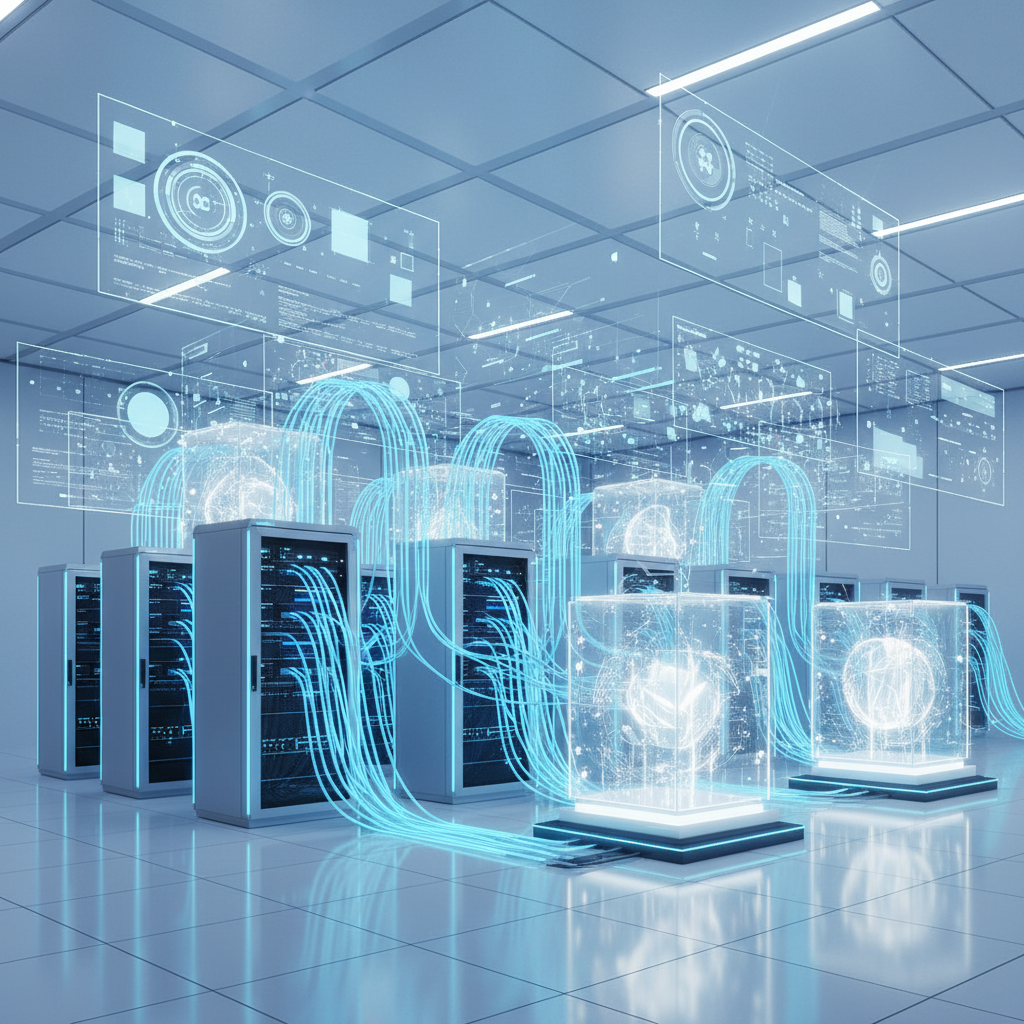 Modern data center with telecommunications infrastructure merged with AI processing units. Glowing network connections and server racks with holographic AI interfaces. Clean infographic style with blue and white color scheme, no text.