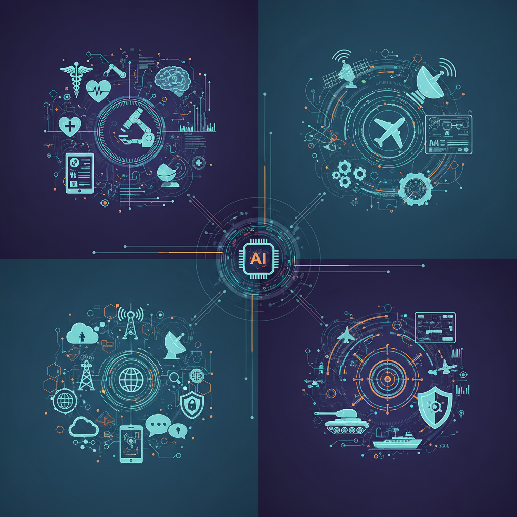 Collage showing various industries including healthcare, aviation, telecommunications, and defense with AI integration symbols. Modern infographic style with interconnected industry icons and data visualization elements, no text.