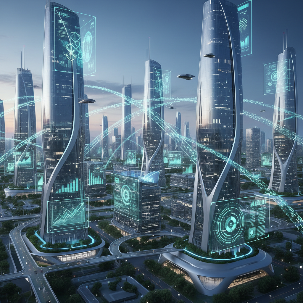 Futuristic business landscape with AI-powered corporate buildings and data streams connecting different companies. Professional atmosphere with holographic displays showing growth charts and partnership networks. Clean corporate style, no text.
