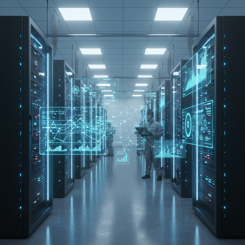 Modern data center with rows of AI servers and GPU clusters, showing optimization workflows and performance metrics. Clean tech environment with blue lighting and futuristic atmosphere. No text.