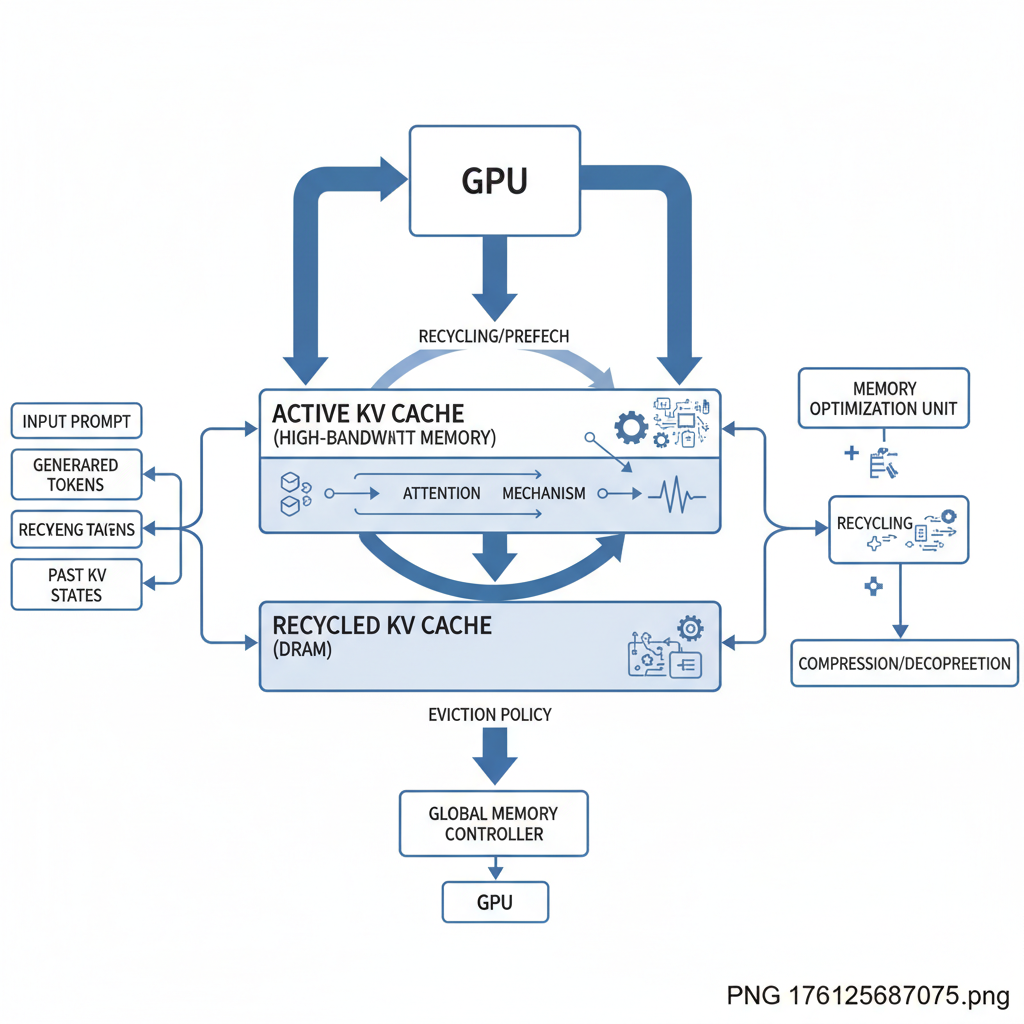 Technical infographic showing KV cache recycling system architecture with data flow between storage layers, memory optimization, and GPU utilization. Clean diagram style with arrows and technical elements. No text.