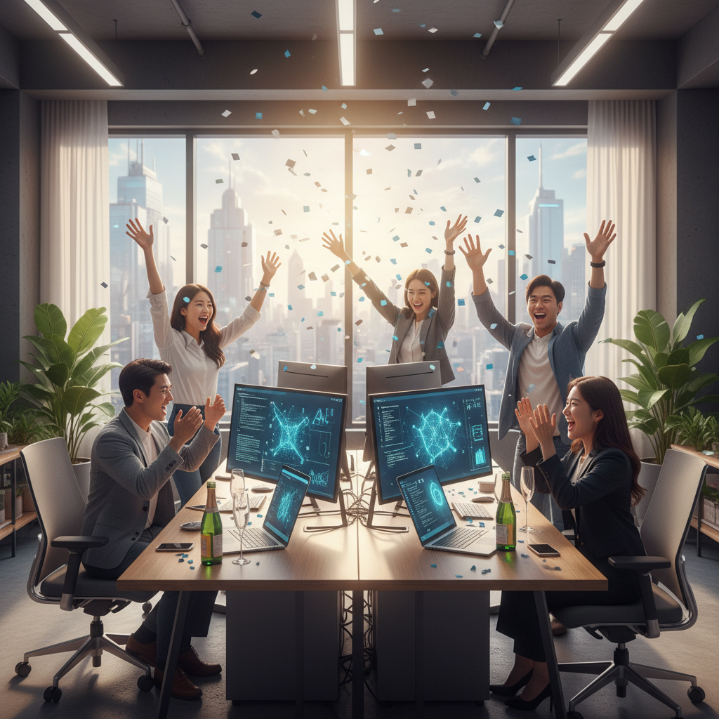 Professional startup team celebrating funding success in modern office environment. Korean entrepreneurs working on AI technology, laptops and screens showing technical diagrams. Bright, optimistic atmosphere. No text.