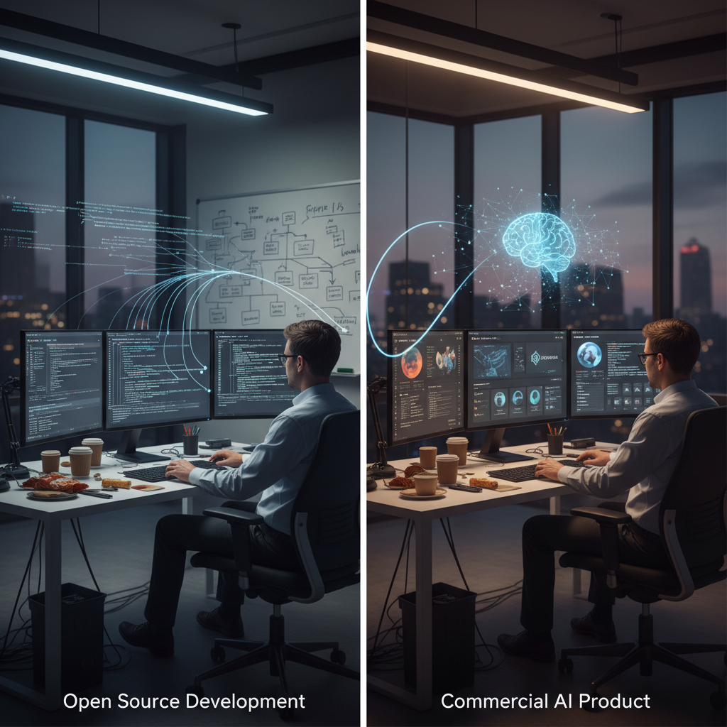 Transition from open source development to commercial AI product, showing code repositories evolving into enterprise solutions. Modern tech workspace with multiple monitors and development tools. No text.