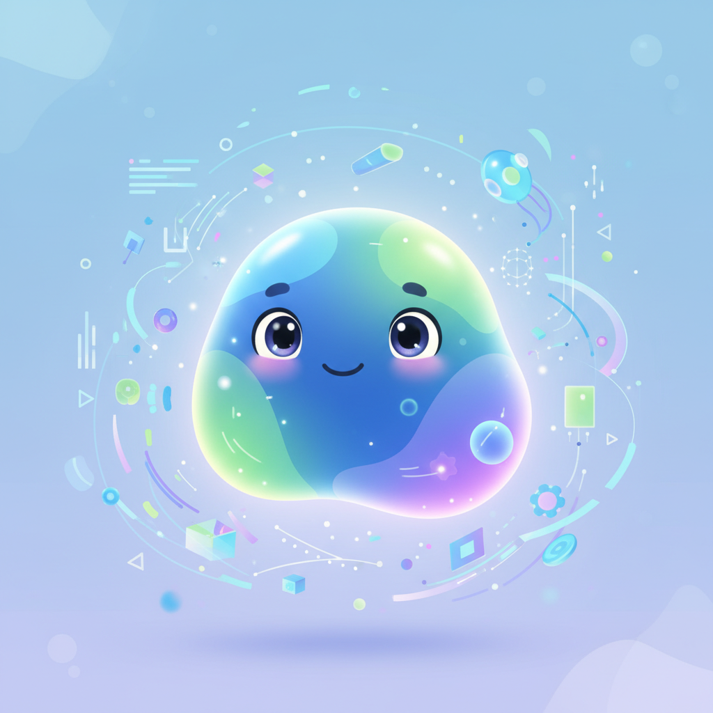 A friendly, expressive blob-shaped AI avatar, named Mico, designed by Microsoft. It's glowing softly, surrounded by digital elements representing data and interaction. The style is a clean, modern infographic with gentle colors, focusing on a futuristic and helpful AI presence. No text in image.