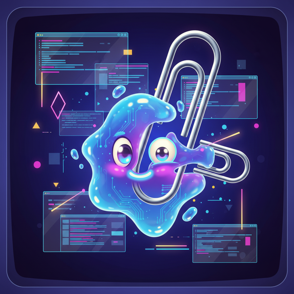 A dynamic illustration showing a modern, blob-shaped AI avatar (Mico) in the process of transforming into the classic paperclip character (Clippy) with a playful, retro-futuristic vibe. The background indicates a digital interface. No text in image.