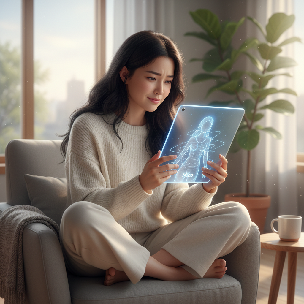 A Korean person (male or female, 20s-30s) is sitting comfortably, looking at a screen where the Mico AI avatar is depicted. The person has an engaged, thoughtful expression, suggesting a deep and natural conversation. The scene is cozy and modern, illuminated by soft, natural light, emphasizing a human-AI connection. No text in image.