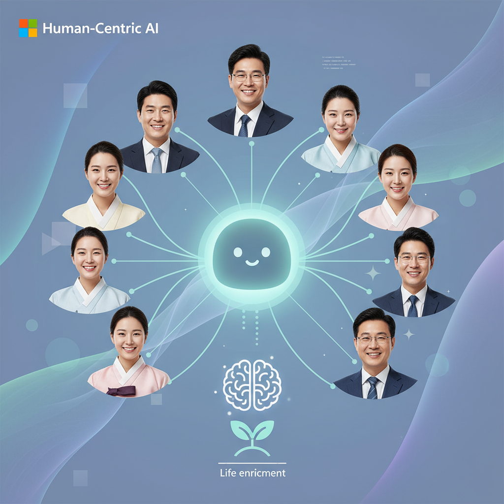 A clean infographic illustrating 'Human-Centric AI' by Microsoft. It features diverse, smiling Korean people connected by gentle glowing lines to a central, soft AI icon (like Mico), all within a calm digital environment. Emphasize connection, trust, and life enrichment. No text in image.