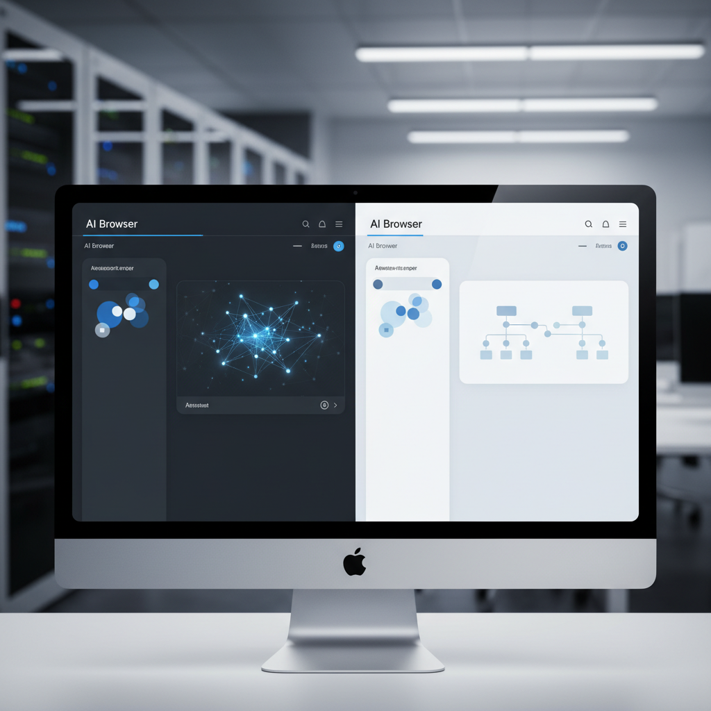 Split screen showing two modern AI browser interfaces side by side, clean minimalist design with chat windows, dark and light themes, professional tech atmosphere, realistic computer monitor display, no text
