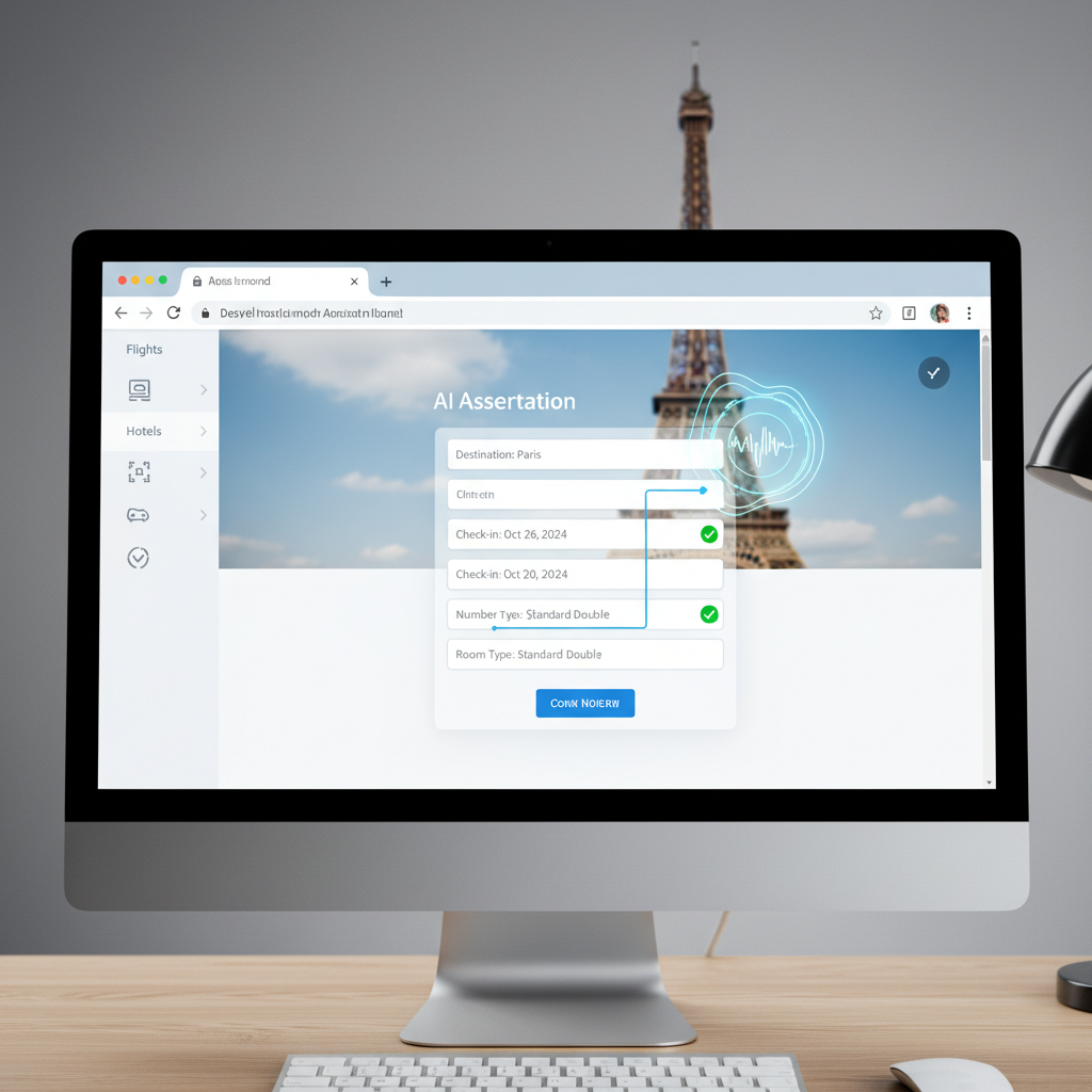 Modern browser interface showing AI assistant booking a hotel, form fields being automatically filled, travel booking website in background, clean UI design, realistic computer screen, no text