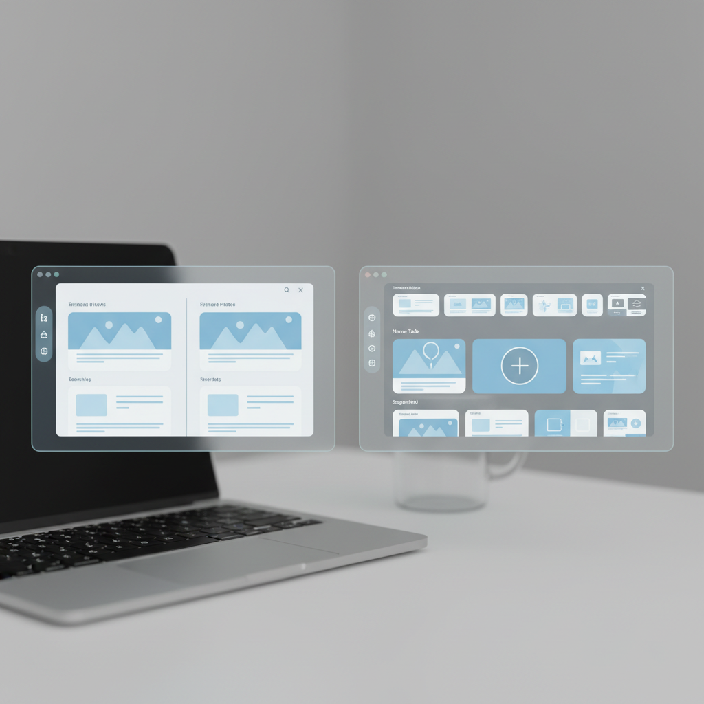 Two browser interfaces showing similar clean design layouts, one with split screen and one with new tab approach, modern UI elements, side-by-side comparison view, professional tech aesthetic, no text