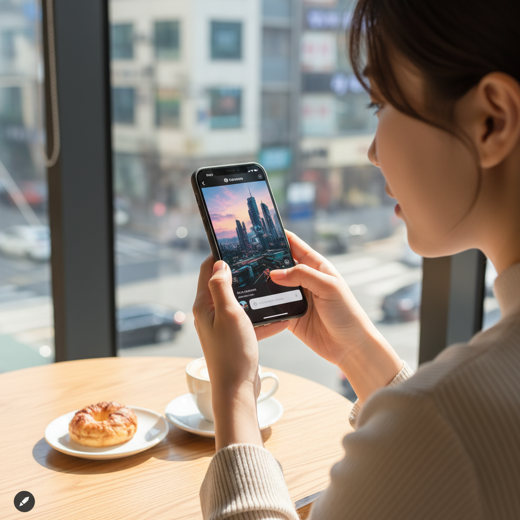 A Korean user interacting with Instagram Stories on a smartphone, showing a paintbrush icon and text prompt input field for AI editing. The screen displays a photo being edited. Bright, modern lifestyle photography. No text in image.