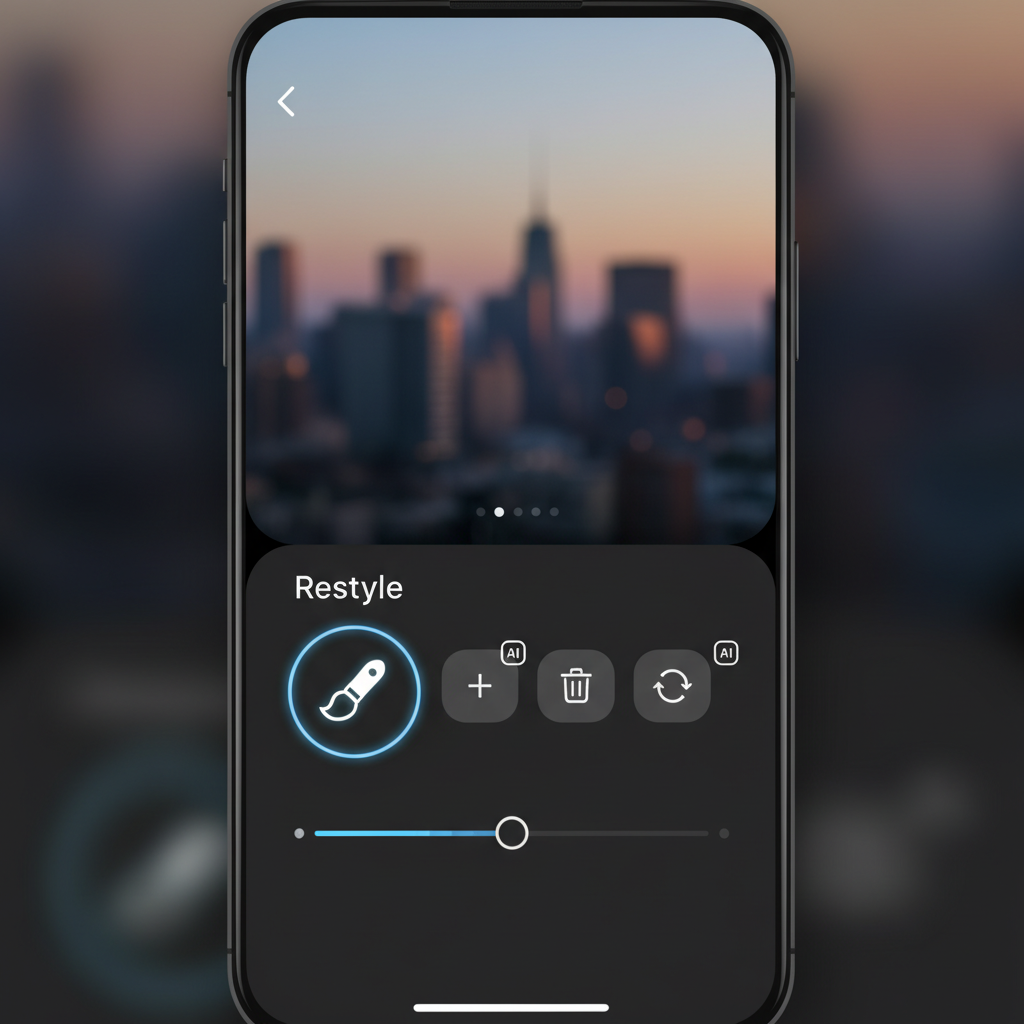 An infographic showing the Instagram Stories interface with the "Restyle" menu open, highlighting the paintbrush icon and options like "add," "remove," "change" for AI editing. Clean, modern app interface style. No text in image.