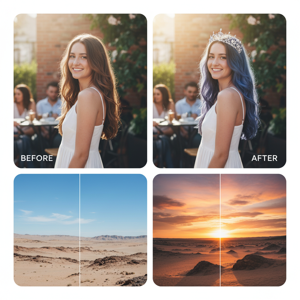 A split image or montage showing "before" and "after" examples of AI editing on Instagram. For instance, a person's photo transformed with a new hair color and a crown, or a landscape with a sunset added. Realistic lifestyle photography, focus on transformations. No text in image.