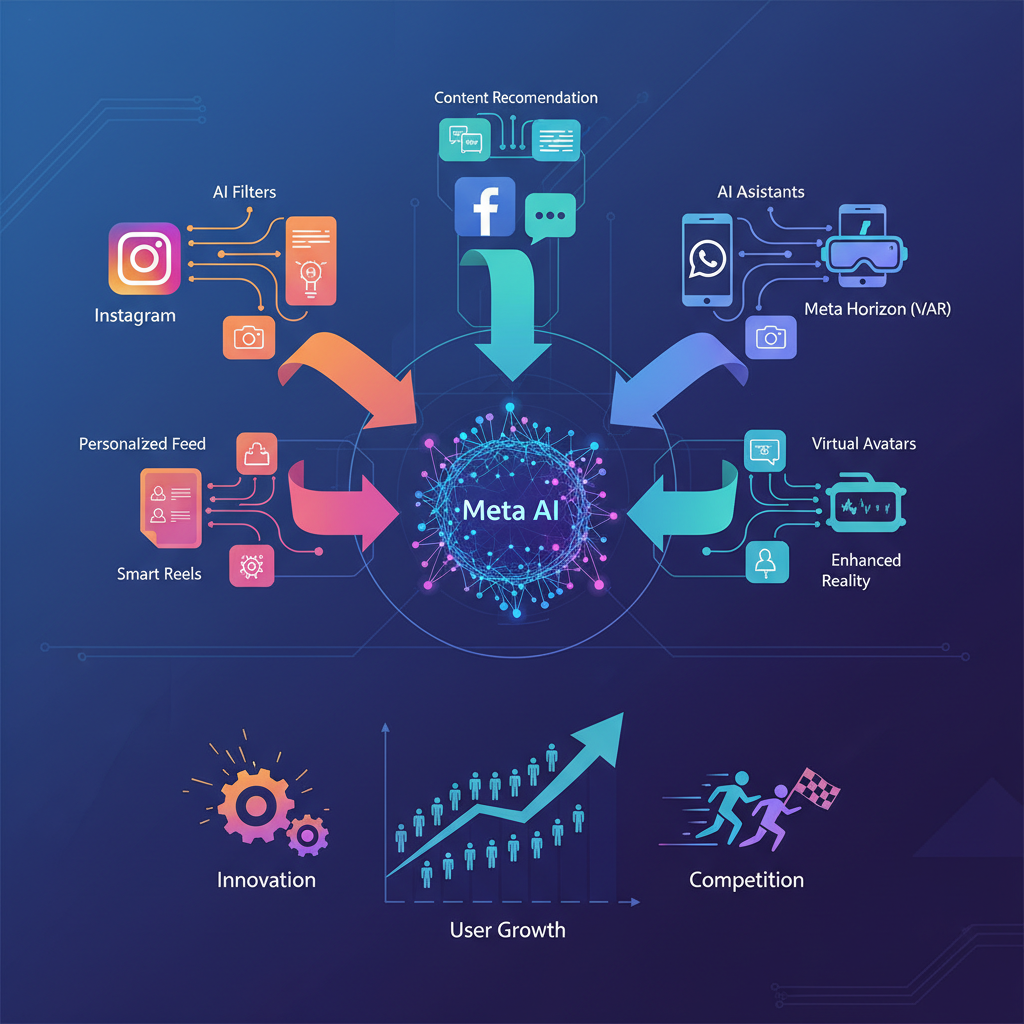 A conceptual infographic showing Meta AI's integration across Instagram and other Meta platforms, with arrows indicating data flow and new feature development. Represents competition, innovation, and user growth. Modern, tech-focused infographic. No text in image.