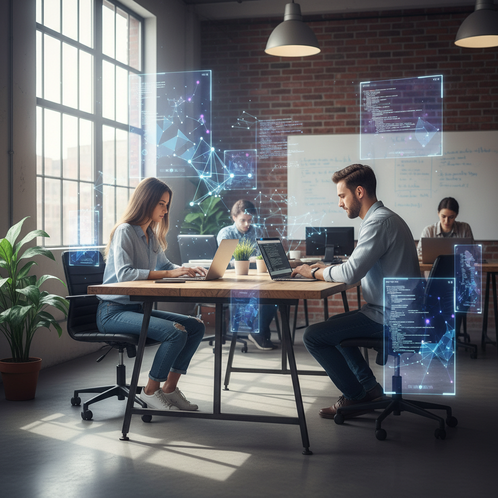 Two young entrepreneurs working together on laptops in a modern startup office environment, with AI interface graphics floating around them, natural lighting, professional atmosphere, no text