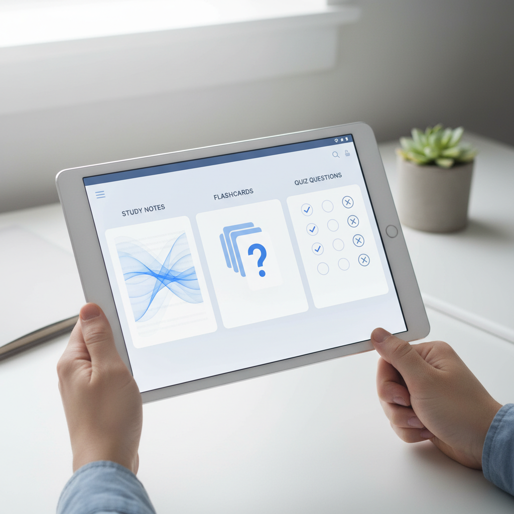 Clean digital interface showing AI-generated study notes, flashcards, and quiz questions on a tablet screen, modern educational technology design, bright clean lighting, no text