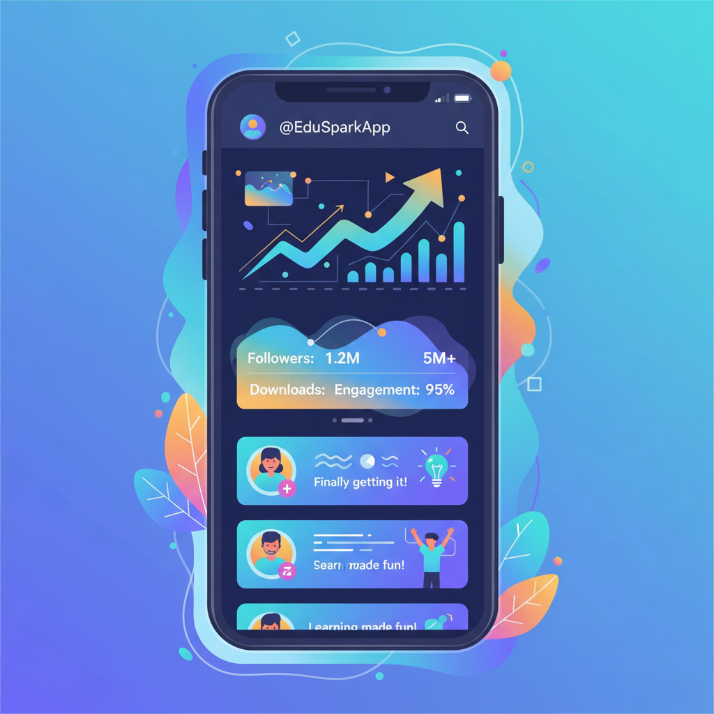 Social media feed showing viral growth of an educational app, with engagement metrics and user testimonials, modern smartphone interface, vibrant social media aesthetic, no text