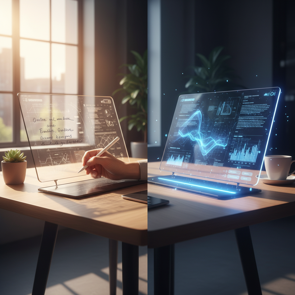 Split screen showing human writing notes on one side and AI generating complementary content on the other, collaborative workspace design, modern productivity interface, natural lighting, no text