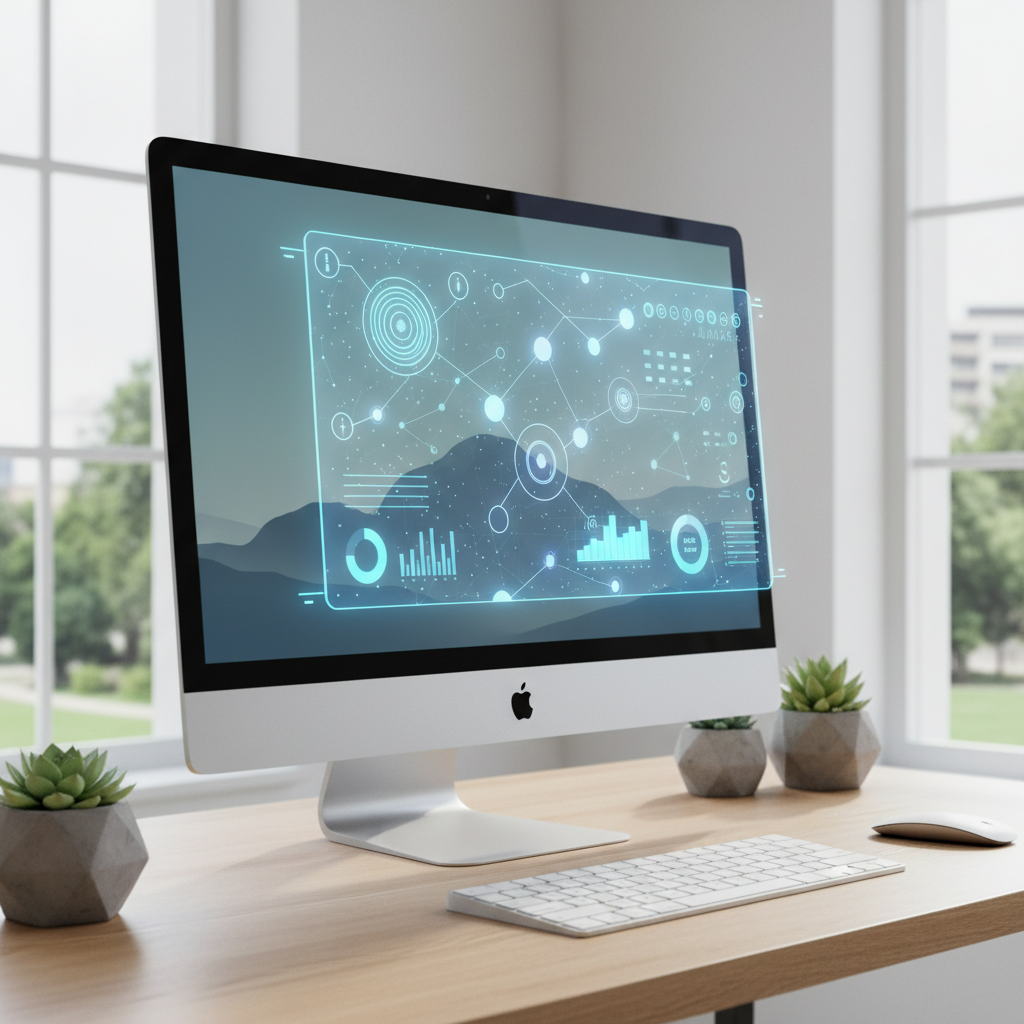 A modern Mac desktop computer screen with a sleek, translucent AI interface floating subtly above it, displaying helpful information. The environment is a clean, minimalist workspace. Natural light. No text.