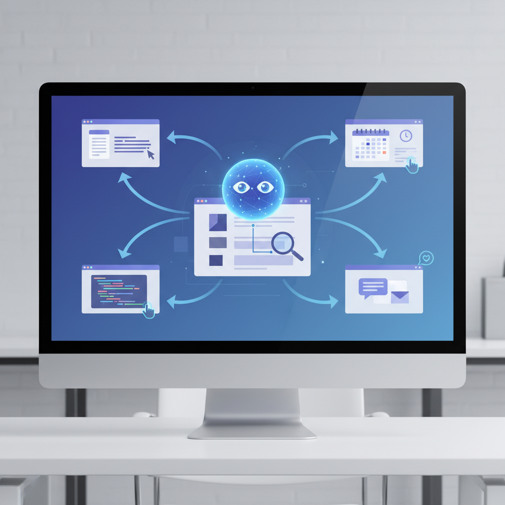 An infographic illustrating an AI agent's functionality on a computer screen. It shows the AI observing the screen content, then interacting with various applications (like a document editor, a calendar, a coding environment) to perform tasks. Clean, modern design. No text.