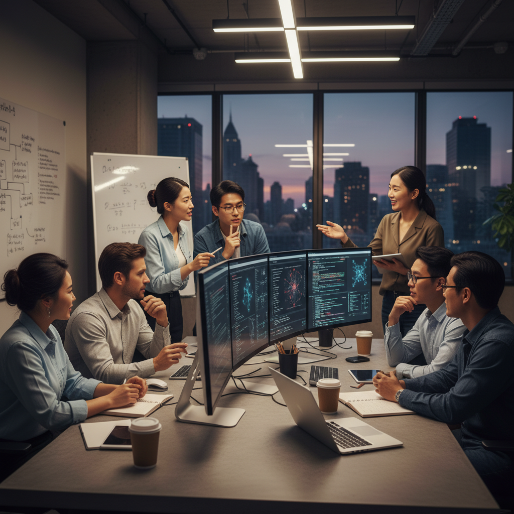 A diverse team of developers, including Koreans, collaborating and discussing AI technology around a modern Mac workstation. The atmosphere is energetic and innovative, with ideas being shared. Lifestyle photography. No text.
