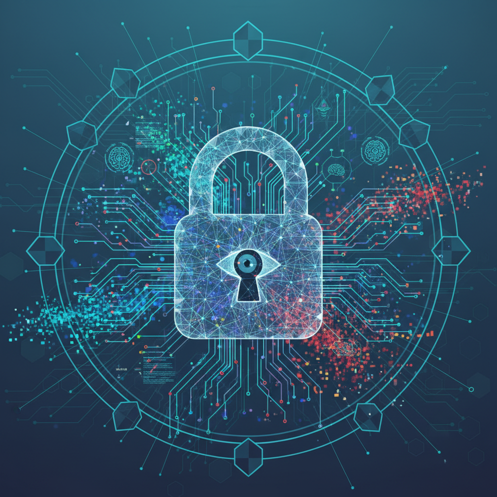 A digital lock icon intricately connected with data flowing in and out, representing privacy concerns in the age of AI. The background is a subtle, secure-looking digital interface. The overall impression is one of caution and protection. Clean infographic. No text.