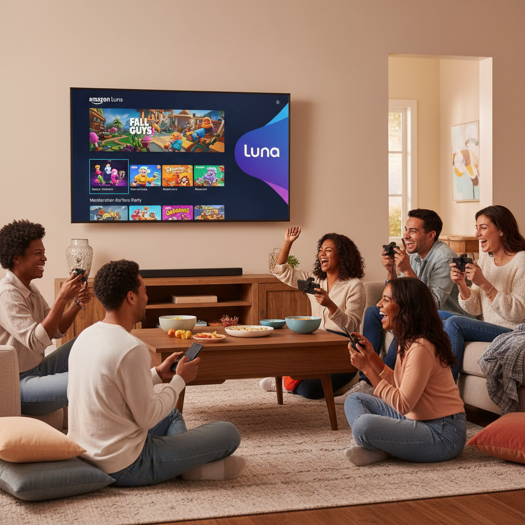 Modern gaming setup showing Amazon Luna streaming service on a large TV screen with multiple smartphones around it, people playing party games together in a cozy living room, warm lighting, lifestyle photography style, no text