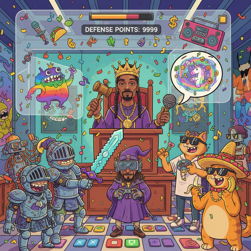 Courtroom scene with Snoop Dogg as a judge, cartoon-style illustration showing players defending absurd testimonies, colorful and humorous atmosphere, gaming interface elements, no text