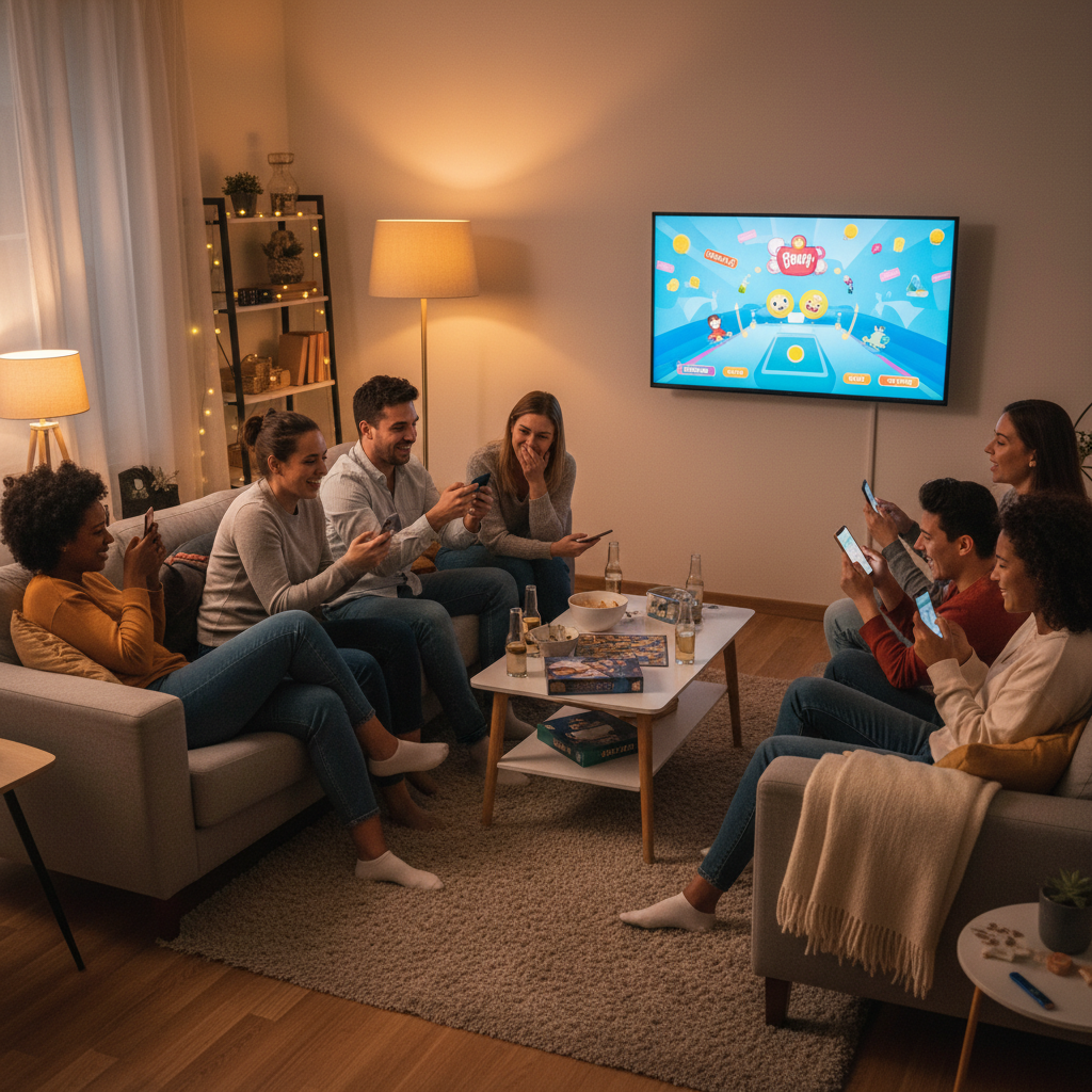 Group of friends sitting around a living room playing party games on their smartphones while looking at a TV screen, diverse group laughing and having fun, warm cozy lighting, lifestyle photography, no text