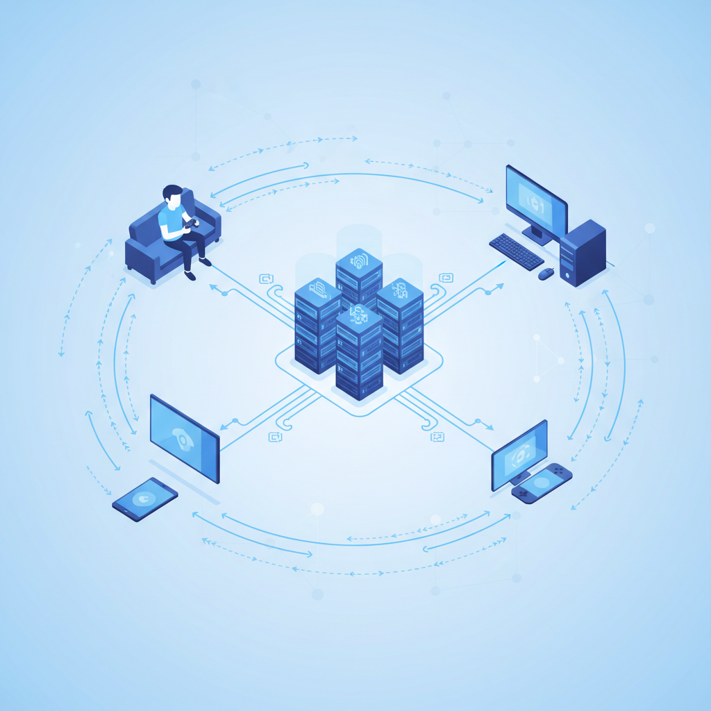 Clean infographic showing cloud gaming concept with devices connected to servers, data streaming visualization, modern tech illustration style, blue and white color scheme, no text