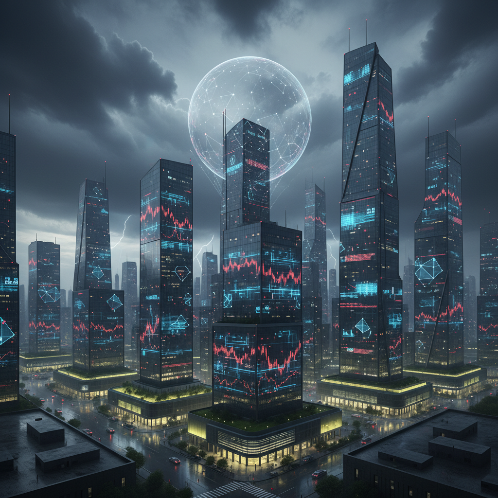 A modern financial district with towering glass buildings, digital screens showing volatile stock charts and AI technology symbols, dramatic lighting with storm clouds gathering overhead, representing economic uncertainty and market bubble concerns, no text