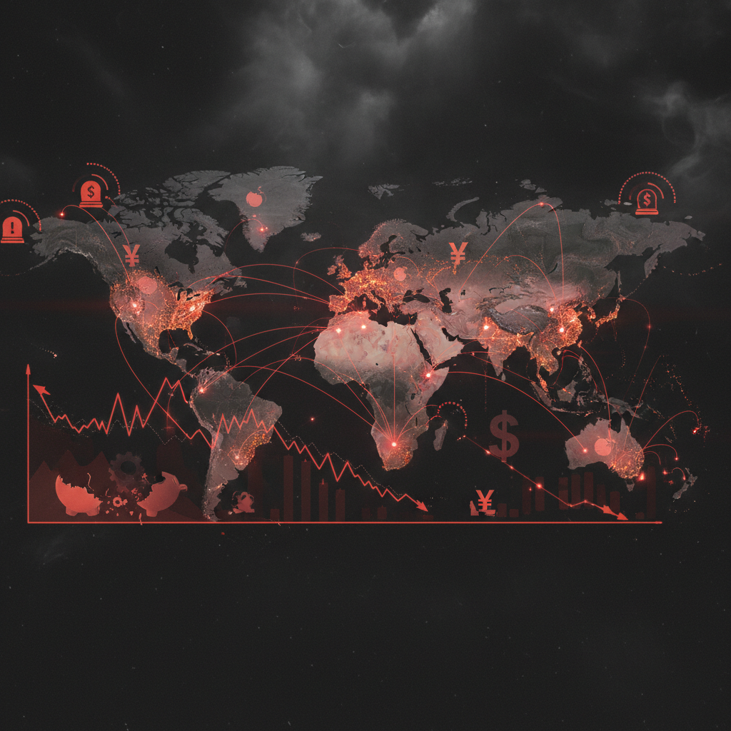 A world map showing interconnected financial networks with red warning indicators, declining graph lines, and economic crisis symbols spreading across continents, dark atmosphere with urgent lighting, representing global economic downturn, no text