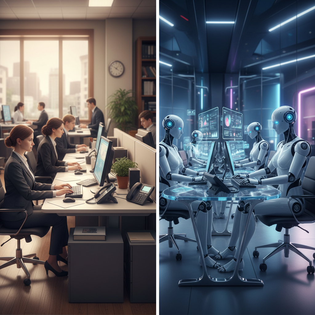 A split-screen showing traditional office workers on one side and AI robots performing the same tasks on the other side, futuristic workplace setting with holographic displays, representing the transformation of job markets, professional lighting, no text