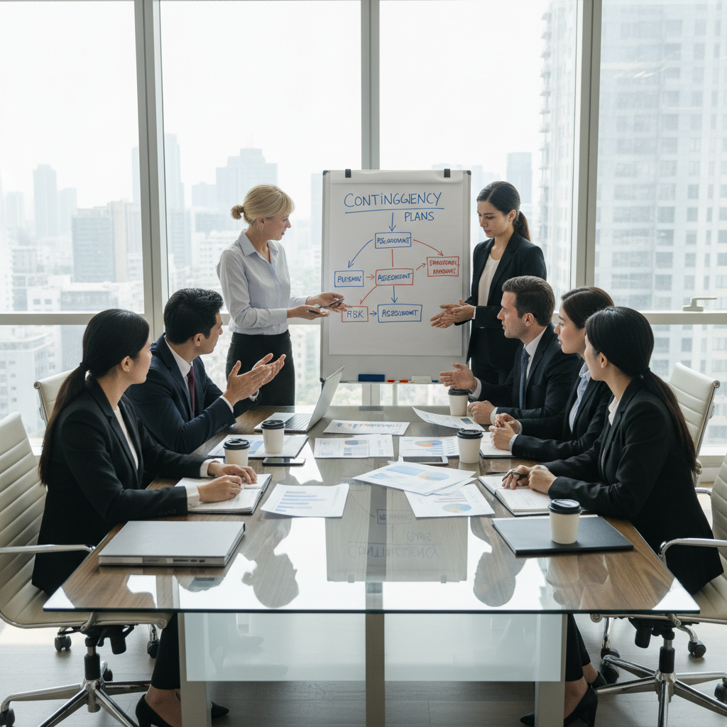 A diverse group of professionals in a modern meeting room discussing contingency plans, with charts and strategic documents on the table, collaborative atmosphere with natural lighting, representing crisis preparation and strategic planning, no text