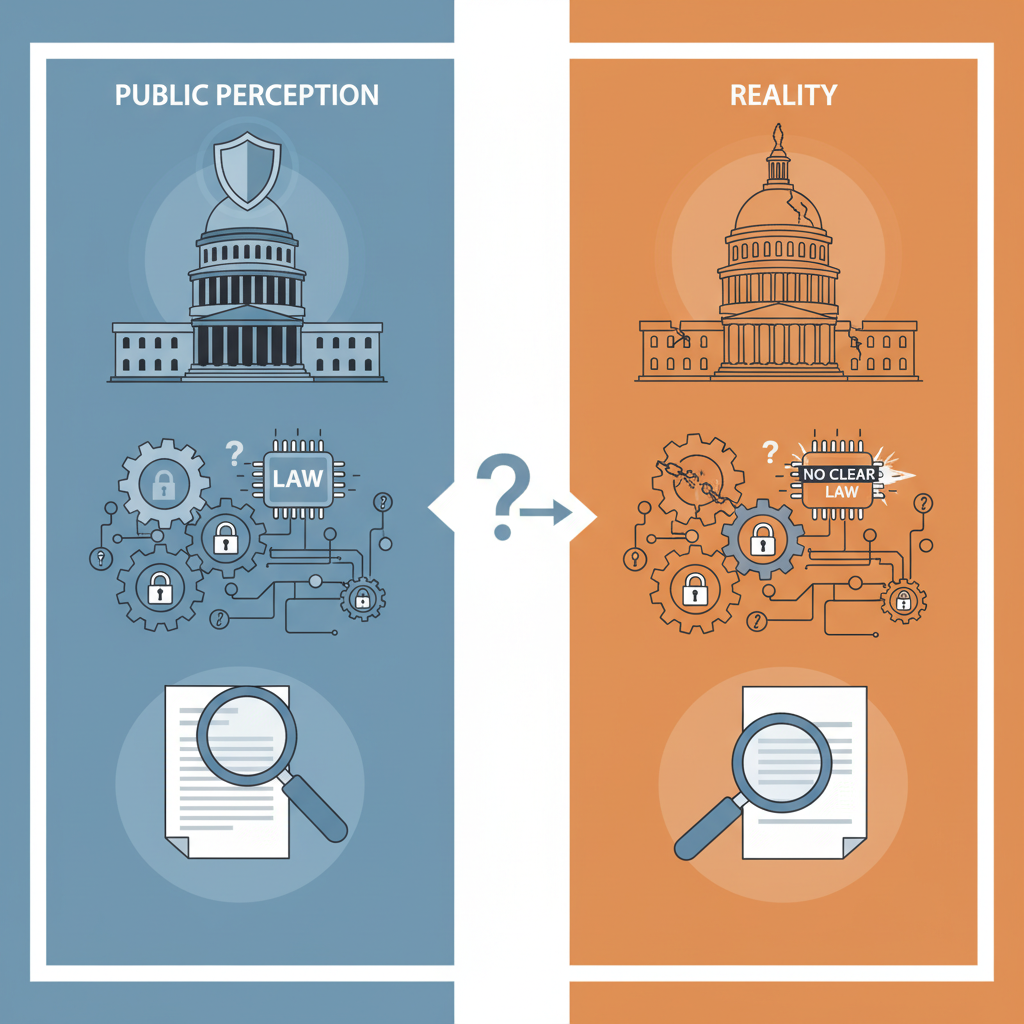 A professional infographic showing the contrast between public perception and reality of AI regulation in the US, with symbolic elements like government buildings, AI chips, and technology infrastructure. Clean corporate style, no text.